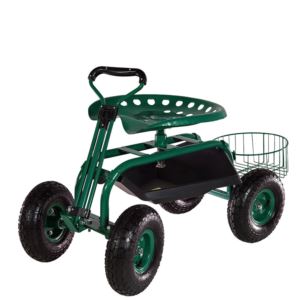 Sunnydaze+Rolling+Cart+with+Steering+Handle+Swivel+Seat+%26+Planter+Basket+-+Green