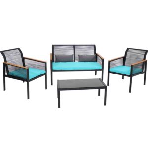 Sunnydaze+Coachford+4-Piece+Black+Resin+Rattan+Outdoor+Patio+Furniture+Set+-+Blue+Cushions