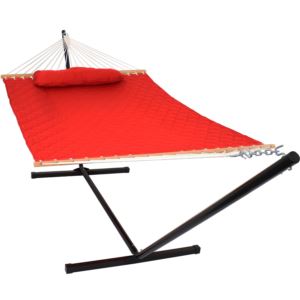 Sunnydaze+Person+Quilted+Fabric+Spreader+Bar+Hammock+with+Foot+Stand+Red