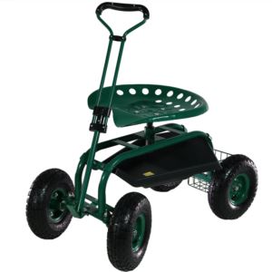 Sunnydaze+Rolling+Garden+Cart+with+Extendable+Steering+Handle+Swivel+Seat+Basket+Green