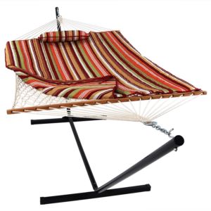 Sunnydaze+Rope+Hammock+with+Foot+Stand+Pad+Pillow+Tropical+Orange+Stripe