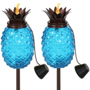 Sunnydaze+Tropical+Pineapple+in+Blue+Glass+Outdoor+Torches+Set+of