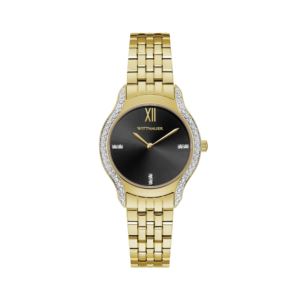 Ladies+Black+Tie+Diamond+GoldTone+Stainless+Steel+Watch+Black+Dial