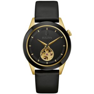 Mens+Apollo+Automatic+Gold+Black+Leather+Strap+Watch+Black+Dial