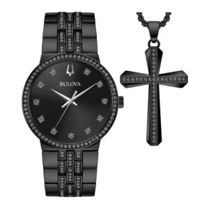 Mens+Classic+Crystal+Black+IonPlated+Watch+Cross+Necklace