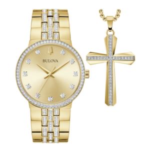 Mens+Classic+Crystal+Gold-Tone+SS+Watch+%26+Cross+Necklace