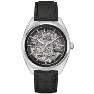 Mens+Surveyor+Automatic+Black+Leather+Strap+Watch+Silver+Skeleton+Dial