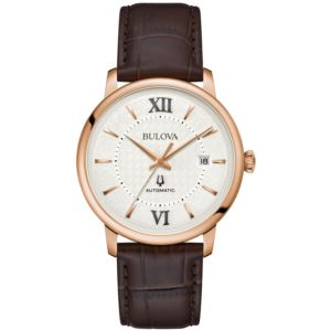 Mens+Hudson+Automatic+Brown+Leather+Strap+Watch+Silver+Basketweave+Dial