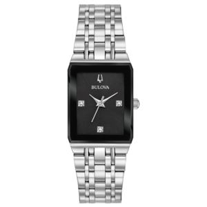 Ladies+Quadra+Modern+SilverTone+Stainless+Rectangle+Watch+Black+Dial