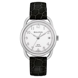 Ladies%27+Joseph+Bulova+Commodore+Automatic+Black+Leather+Strap+Watch+White+Dial