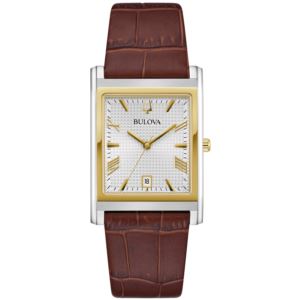 Mens+Sutton+Brown+Leather+Strap+Rectangle+Watch+Silver+Dial