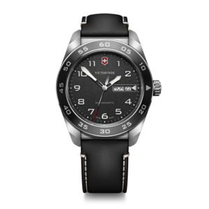 Mens+Swiss+Army+Quartz+Silver+%26+Black+Leather+Strap+Watch+Black+Dial