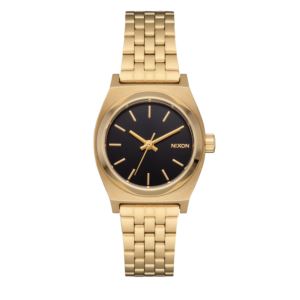 Unisex+Small+Time+Teller+GoldTone+Stainless+Steel+Watch+Black+Dial