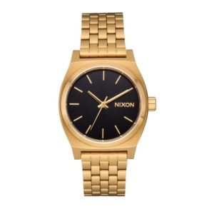 Unisex+Medium+Time+Teller+GoldTone+Stainless+Steel+Watch+Black+Dial