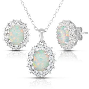 Oval+Opal+%26+White+Topaz+Earrings+%26+Necklace+Set